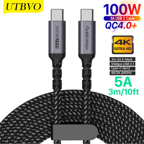 UTBVO USB 3,1 tipo-C Cable USB C 5A E-MARK PD 100W Gen2 10Gbps 4K 60Hz Video tejido de nailon de aleación de línea de alimentación para computadora portátiles ► Foto 1/6