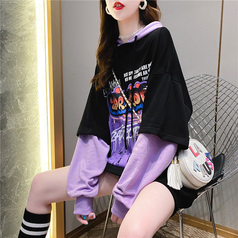 Sudadera Harajuku de retales para mujer, ropa de otoño con capucha negra, jersey de manga larga, jersey de gran tamaño, sudadera con capucha, ropa de calle para mujer ► Foto 1/6