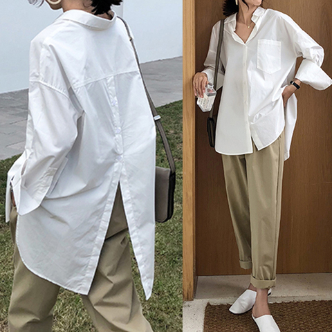 Camisas de mujer Celmia 2022 moda blusa blanca solapa Casual sólida manga larga botones blusa asimétrica señoras holgado Blusas S-5XL ► Foto 1/6