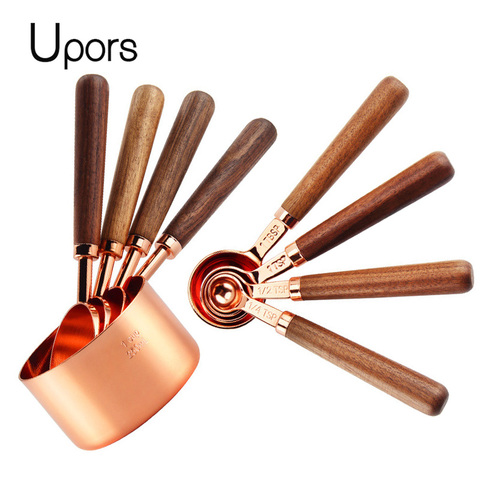 UPORS-Juego de tazas y cucharas medidoras de oro rosa, cuchara medidora para hornear, té, mango de madera, cobre, rosa, cocina, leche, café, pastel ► Foto 1/6