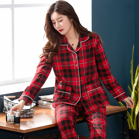 A cuadros de mujeres pijamas traje de otoño rojo festivo de manga larga princesa Pijama Rebeca Casual Homewear de talla grande M-3XL Pijama Mujer ► Foto 1/6