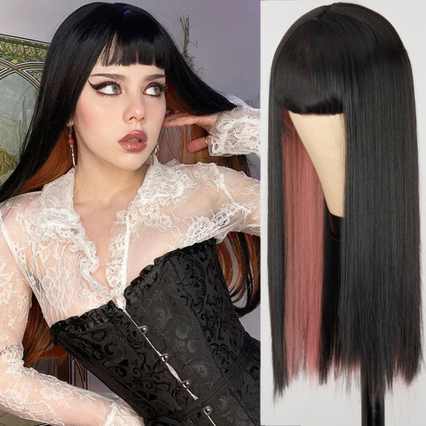 Rosa y negro Peluca de dos capas de pelucas larga recta Cosplay del pelo Peluca de dos tonos de Color degradado las mujeres pelucas de pelo sintético Lolita peluca ► Foto 1/6