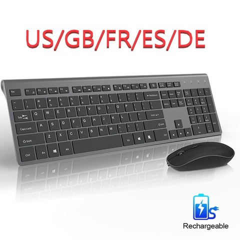 2.4G Ratón y teclado inalámbricos recargables US / Francia / Alemania / inglés / español diseño de mouse silencioso ergonómico ► Foto 1/6