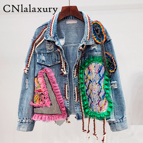 Primavera de las mujeres Streetwear parche Denim chaqueta mujer personalidad corta diamantes chaqueta vaqueros con borla abrigo chaqueta feminina ► Foto 1/6