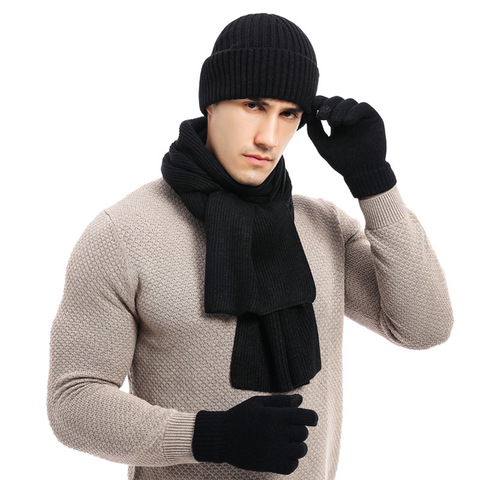 Conjunto de 3 piezas de lana de punto para hombre, gorro, bufanda, guantes, para ocio diario, esquí, camping, pesca, cálido, invierno, 2022 ► Foto 1/6