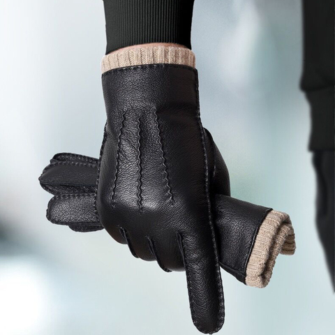 Guantes de lana gruesos de cuero auténtico para hombre, manoplas masculinas de cuero auténtico para conducir en el gimnasio, con pantalla táctil negra, a mano, NR36 ► Foto 1/6