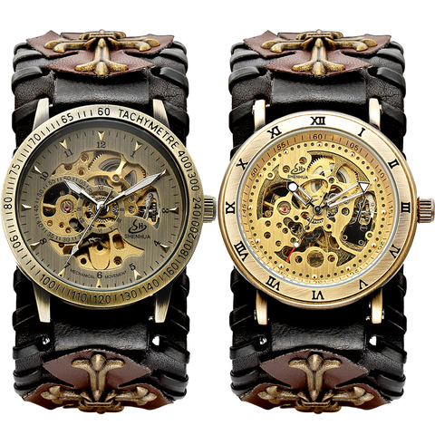 Reloj de pulsera para hombre, de estilo vintage gótico Steampunk, reloj mecánico automático masculino, de cuerda, con esfera con mecanismo al descubierto ► Foto 1/6