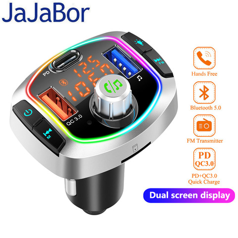 JaJaBor Bluetooth 5,0 Kit de coche transmisor de manos libres inalámbrico con FM coche MP3 jugador con PD18W QC3.0 cargador de coche de carga rápida ► Foto 1/6
