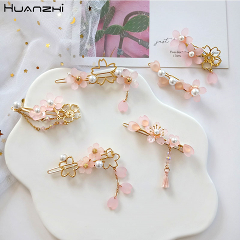 HUANZHI-pinza para el pelo de flores de cerezo japonés, perla dulce, tocado de Metal acrílico rosa, horquilla para niña y mujer, accesorios 2022 ► Foto 1/6