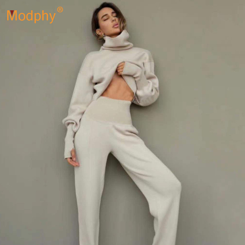 Jersey de cuello alto para mujer conjunto de 2 piezas, Jersey de punto elegante, Top + suéter + Pantalones, Tops, pantalones, suéter, traje, Invierno 2022 ► Foto 1/6