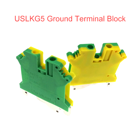 5 piezas USLKG5 suelo bloques de terminales, carril DIN, tornillo bloques de terminales tipo UK-5N amarillo verde tierra morsettiera conector 4mm2 ► Foto 1/6