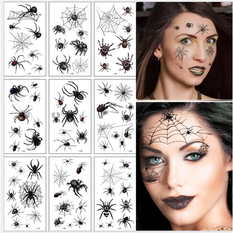 Pegatinas de tatuaje temporal a prueba de agua para Halloween, paquete de 10 hojas, Maquillaje facial, Terror, araña y máscara de cicatriz, diseño falso ► Foto 1/6