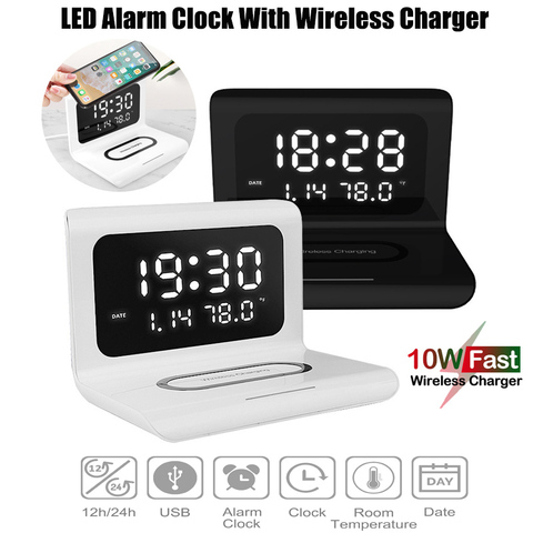 Cargador inalámbrico con alarma LED y espejo Digital, almohadilla de carga con alarma LED, reloj con fecha de temperatura de 12/24H, carga rápida de 10w para Iphone 12 y teléfono ► Foto 1/6