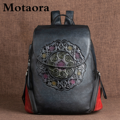 MOTAORA-mochila Retro de piel auténtica para mujer, morral Retro hechos a mano nuevos, con relieve, estilo chino ► Foto 1/6