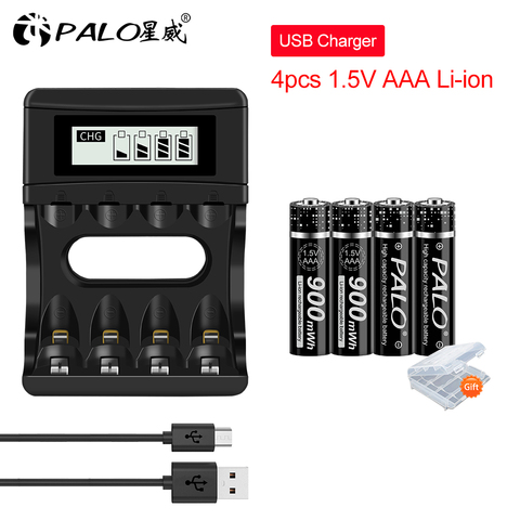 PALO Li-ion de 1,5 V AAA batería recargable AAA 900mah de litio de 1,5 V baterías recargables Liion y cargador para luz Led juguete MP3 ► Foto 1/6