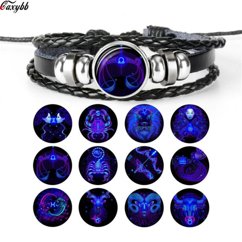 Pulsera de cuero con signo del zodiaco para hombre y mujer, brazalete con 12 Constelaciones, joyería de viaje ► Foto 1/6