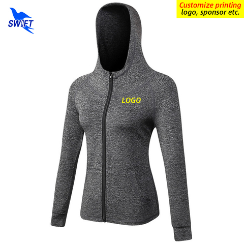 Personalizar Logotipo de secado rápido de las mujeres de manga larga chaqueta Fitness Sudadera con capucha para Yoga sudadera cremallera deportes gimnasio prendas de vestir Abrigo con capucha ► Foto 1/1