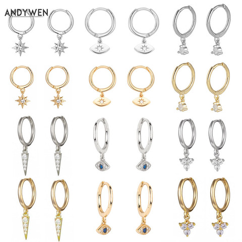 ANDYWEN-Pendientes colgantes de plata de ley 925 para mujer, pendientes de cristal finos con dijes, clips circulares, joyería ► Foto 1/6