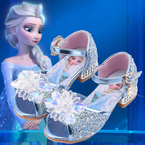 Disney Frozen-zapatos de cuero de princesa Elsa para niña, sandalias de cristal con Boca de pescado de flores para niña, zapatos de tacón alto para niña ► Foto 1/6