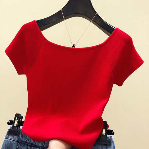 Camisetas básicas de verano para mujer, Tops coreanos negros, Camiseta con hombros descubiertos, ropa de punto de manga corta para mujer, moda blanca y roja ► Foto 1/6