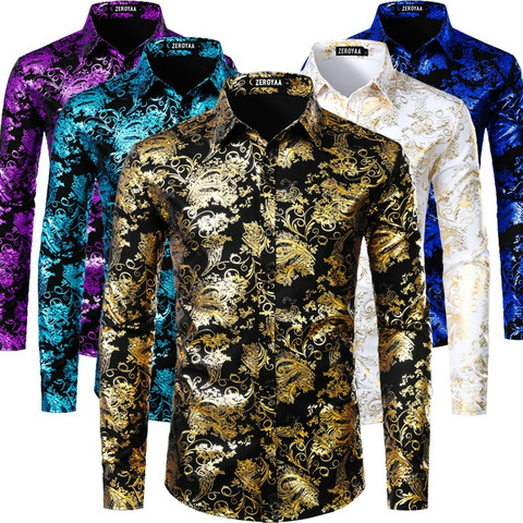 Para Hombre de lujo Paisley Floral dorado brillante imprimir camisetas Camisas estilo delgado Vestido de manga larga, camisa de fiesta de mostrar los hombres ropa ► Foto 1/6