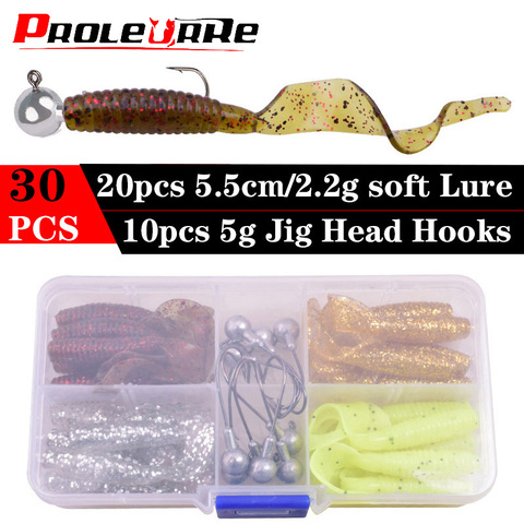 30 unids/lote cola larga y suave señuelos Kit de cebo 5,5 cm 2,2g Wobblers Artificial Swimbait con plomo Jig gancho conjunto carpa bajo abordar ► Foto 1/6