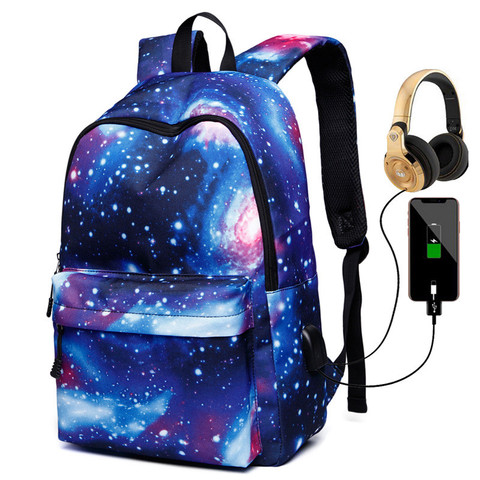 Mochila escolar con carga USB para hombre y mujer, morral Multicolor con estampado de cielo estrellado para adolescentes ► Foto 1/6