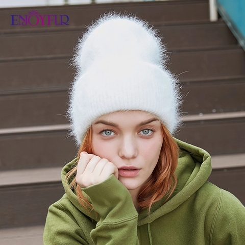 Gorros de invierno ENJOYFUR para mujeres calientes de pelo largo de conejo gorras femeninas de moda de colores sólidos mancuernas anchas estilo joven ► Foto 1/6