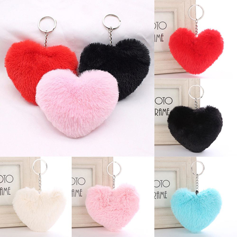 Llavero de corazón esponjoso con forma de corazón para mujer, pompón de imitación de Rex, conejo, Llavero de pelo, bolso de chica, dijes, llavero colgante de coche, joyería ► Foto 1/6