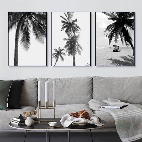 Cartel de paisaje Tropical minimalista para decoración del hogar, cuadro de pared de color blanco y negro, lienzo de playa, estampado de palmera Nórdica ► Foto 1/6