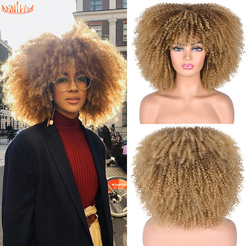 Peluca rizada Afro de Pelo Corto con flequillo para mujeres negras, sintética, mixta, marrón y Rubio, sin pegamento, para Cosplay, resistente al calor ► Foto 1/6