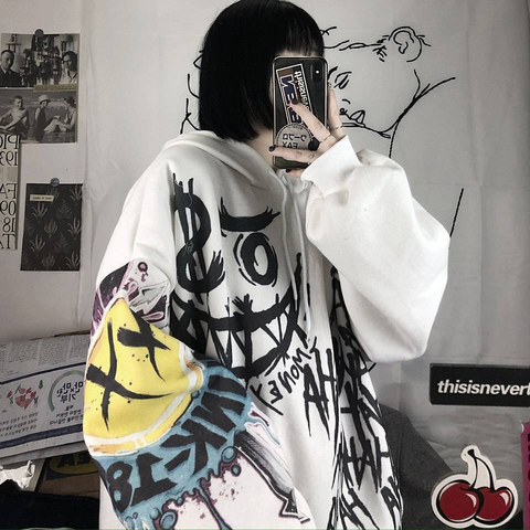 Sudaderas de estilo Hip Hop para mujer, dibujos de Japón informal, sudaderas con capucha Punk de manga larga de gran tamaño, Tops para mujer, sudadera para mujer ► Foto 1/6