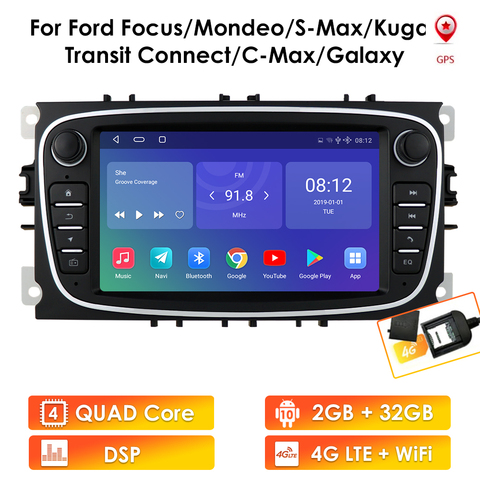 Radio Multimedia con GPS para coche, Radio con reproductor, Android 10, 7 pulgadas, 2 Din, para Ford Focus, s-max, Mondeo, Galaxy, c-max, Kuga, Transit, Connect ► Foto 1/6