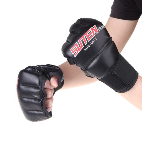 2 unids/par guantes de boxeo de cuero de la PU dedo Protector medios mitones guantes MMA entrenamiento de Muay Thai punzonadora. Deportes, ► Foto 1/6