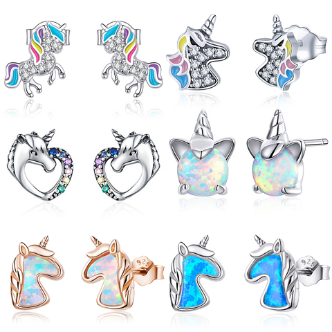 Pendientes de unicornio WOSTU Licorne 100%, pendientes pequeños multicolores de plata esterlina 925 para mujer, regalos de joyería de moda de boda ► Foto 1/6