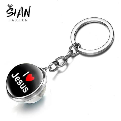 SIAN I Love Jesus-llavero de Metal con forma de bola de cristal para hombre y mujer, señal de Jesús religiosa cristiana, llavero de cabujón, bolso de coche, baratijas para hombre y mujer ► Foto 1/6