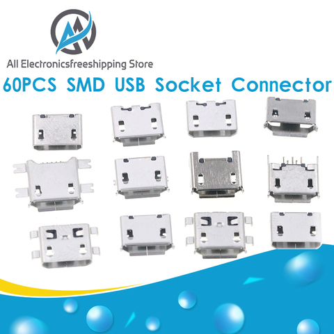 60 unids/lote 5 Pin SMT conector hembra Micro USB tipo B hembra de 12 modelos SMD conector a enchufe DIP ► Foto 1/6