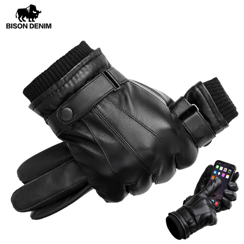 BISON DENIM guantes de cuero genuino de los hombres guantes de pantalla táctil para hombres invierno cálido mitones dedo completo handshuhe Plus terciopelo S019 ► Foto 1/6