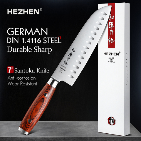 Muñecas HEZHEN 7 pulgadas Santoku Kinfe profesional alemán DIN 1,4116 de acero Super de la cocina herramienta de cuchillos ► Foto 1/1