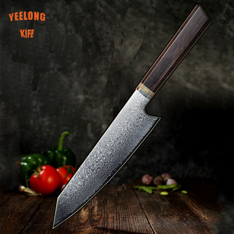 Cuchillo de Chef profesional de 8 pulgadas, acero de Damasco V10, núcleo de acero Gyuto, mango de madera de ébano recto ► Foto 1/6