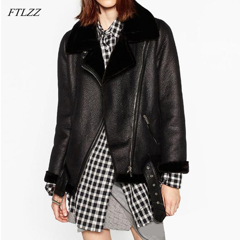 FTLZZ 2022 nuevos abrigos de piel de oveja de Invierno para mujer abrigo de piel de imitación de piel para mujer chaqueta de cuero con forro de piel chaqueta de aviador ► Foto 1/6