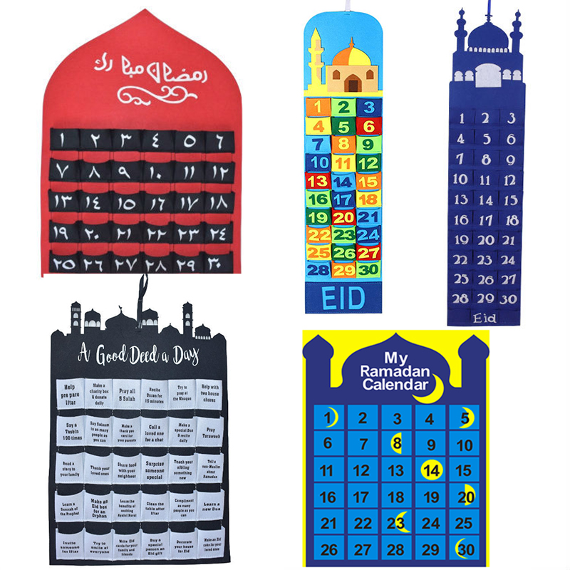 Calendario de ramadán de fieltro DIY Eid Mubarak con bolsillo para niños,  regalos, calendario de cuenta