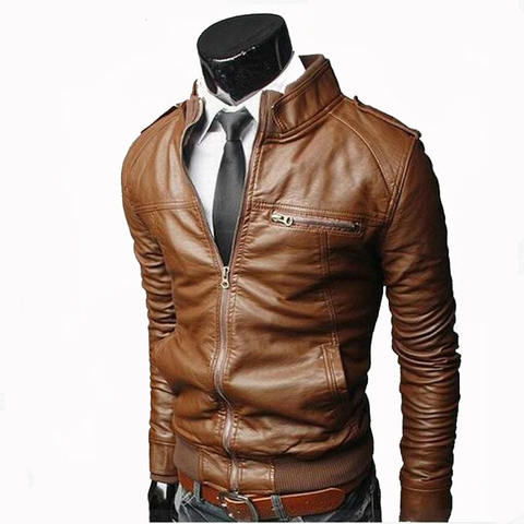 Chaqueta de piel sintética con cremallera para hombre, abrigo con cuello de soporte, de PU, ajustado, informal, para primavera y otoño, 2022 ► Foto 1/6