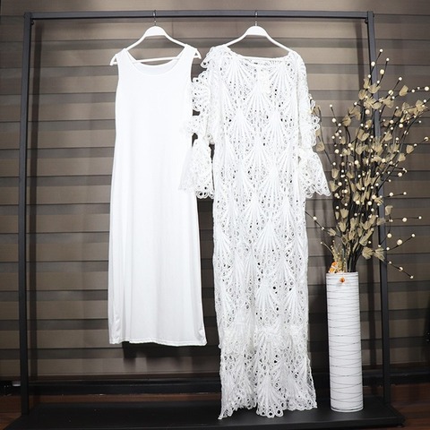 Vestidos africanos de talla grande para mujer, Vestido largo de encaje blanco, ropa africana, cuello redondo, manga larga con volantes, Partyclub ► Foto 1/6