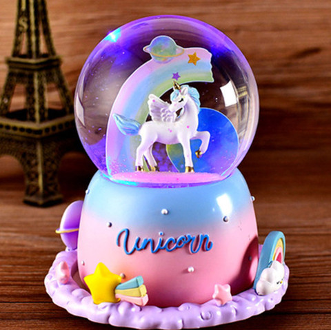 Unicornio caja de música con forma de bola de cristal Rosa estrella Luna Arco Iris unicornio brillante copos de nieve caja de música decoración del hogar escritorio Adorno ► Foto 1/6