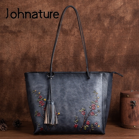 Johnature-Bolso de piel auténtica para mujer, bolsa informal de gran capacidad, con relieve Vintage, primera capa, 2022 ► Foto 1/6