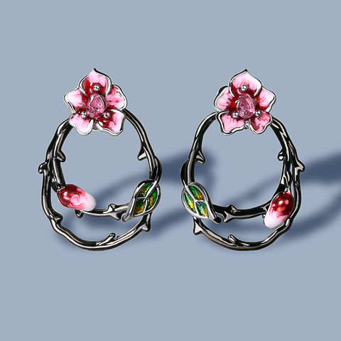 Pendientes de plata de ley 925 con diseño de flor esmaltada, joyería hecha a mano con diseño de flores, para mujeres ► Foto 1/5