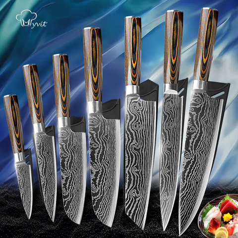 Cuchillos de cocina japoneses para Chef, rebanador de acero inoxidable, Damasco, 7CR17, 440C, Gyuto, cuchillo de carnicero, juego de cortador Santoku ► Foto 1/6