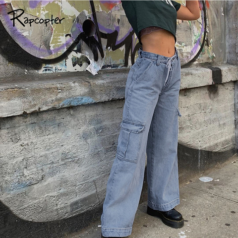 Rapcopter-pantalones vaqueros con bolsillos para mujer, cremallera de Vaqueros cintura alta, flojos rectos, ropa de calle coreana, Pantalón Cargo de Otoño de Harajuku - Historial precios y revisión