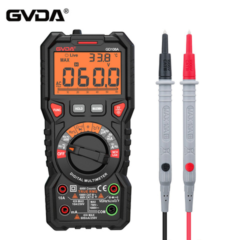 GVDA-multímetro Digital profesional, medidor de temperatura de voltaje en vivo, 6000 recuentos, 1000V, 10A, CA, CC, Ohm, Hz, NCV ► Foto 1/6